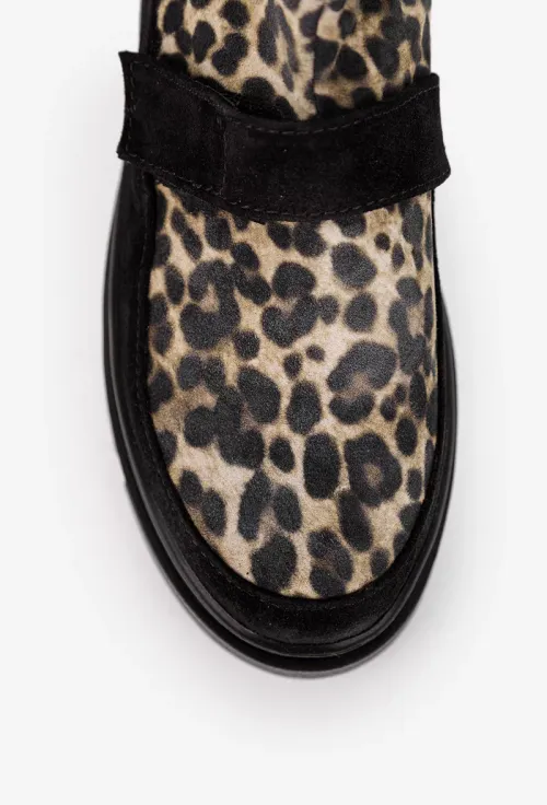 Ghete  dama din piele intoarsa neagra cu animal print picture - 6