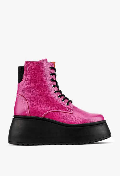 Ghete dama fuchsia din piele texturata cu detalii negre picture - 2