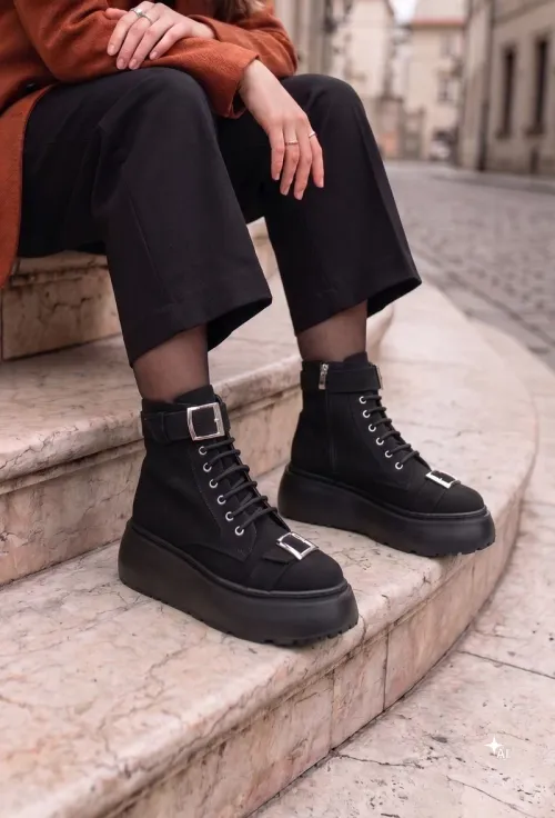 Ghete dama negre din piele intoarsa picture - 2