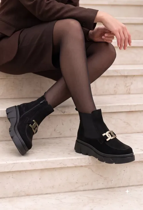 Ghete dama negre din piele intoarsa cu accesoriu picture - 2