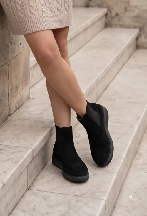 Ghete dama negre din piele intoarsa cu elastic picture - 2