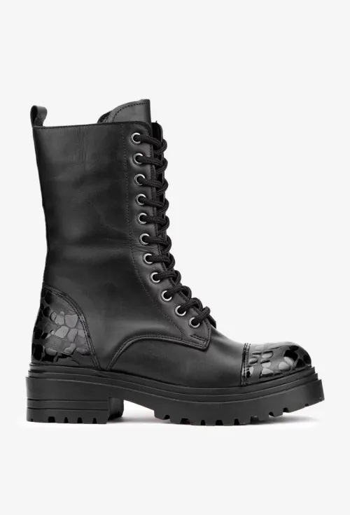 Ghete dama negre din piele naturala cu insertii negre lucioase picture - 3