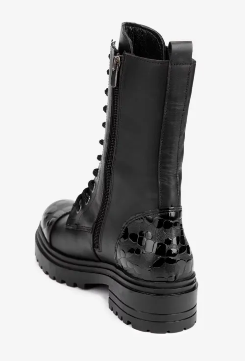 Ghete dama negre din piele naturala cu insertii negre lucioase picture - 4