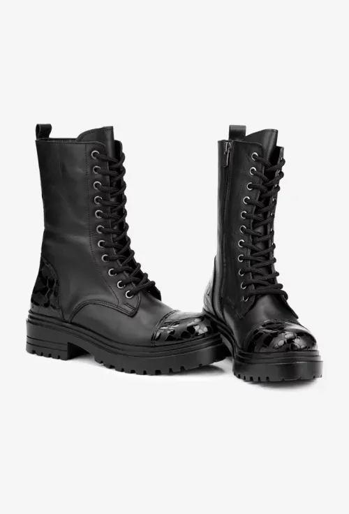 Ghete dama negre din piele naturala cu insertii negre lucioase picture - 6