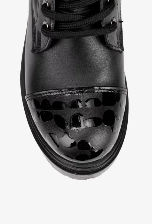 Ghete dama negre din piele naturala cu insertii negre lucioase picture - 7