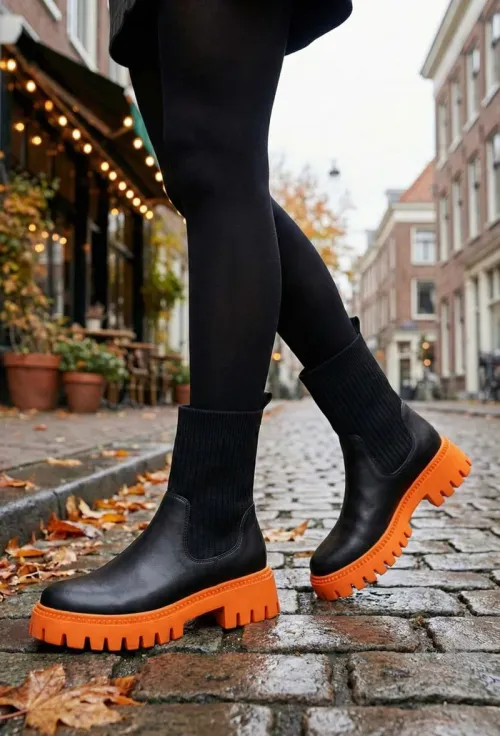 Ghete dama negre din piele si material textil picture - 3