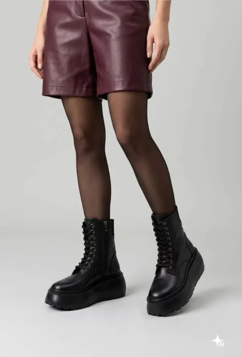 Ghete dama NUR cu platforma din piele naturala neagra picture - 2