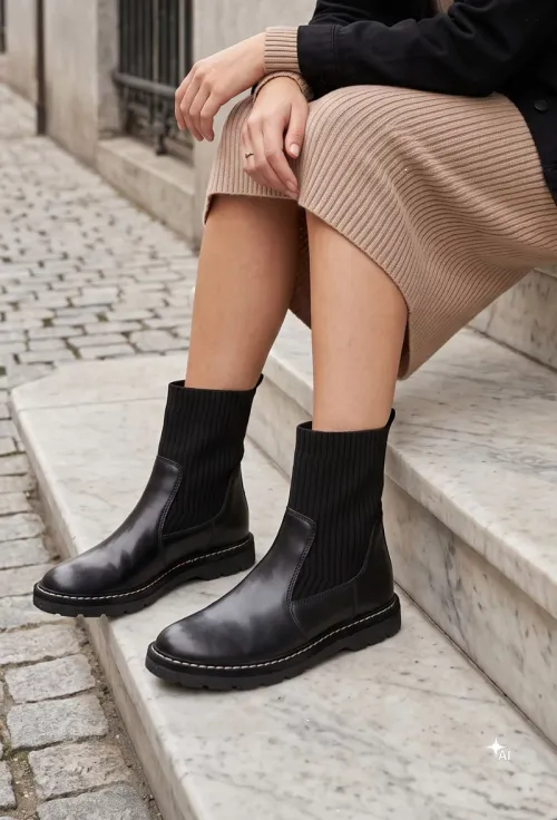 Ghete dama NUR negre din piele naturala si material textil picture - 2