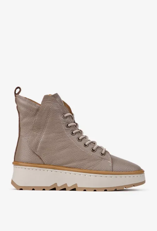 Ghete dama taupe din piele texturata cu siret elastic picture - 3