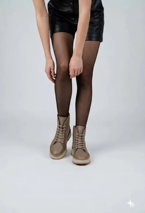 Ghete dama taupe din piele texturata cu siret elastic picture - 2