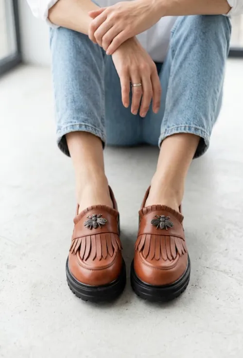 Mocasini dama maro din piele naturala cu ornament picture - 3