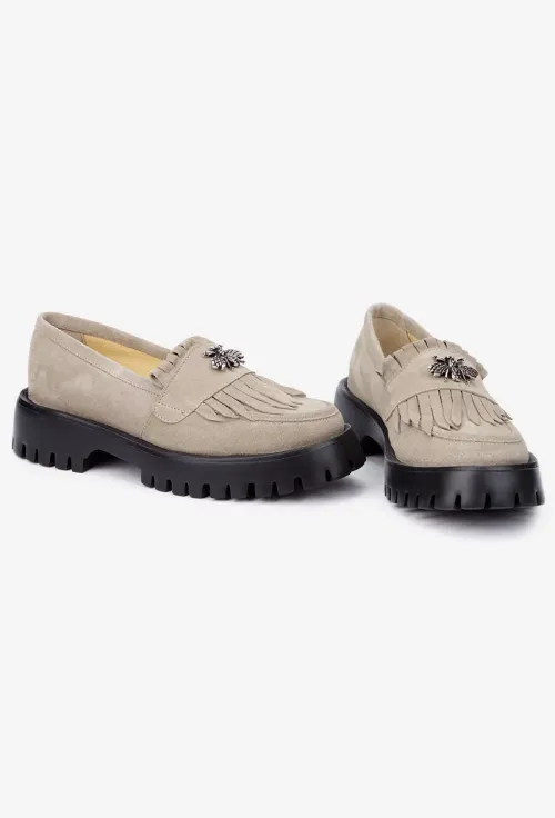 Mocasini dama taupe din piele intoarsa cu ornament picture - 7
