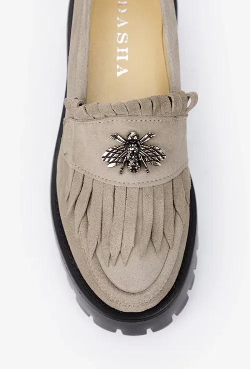 Mocasini dama taupe din piele intoarsa cu ornament picture - 8