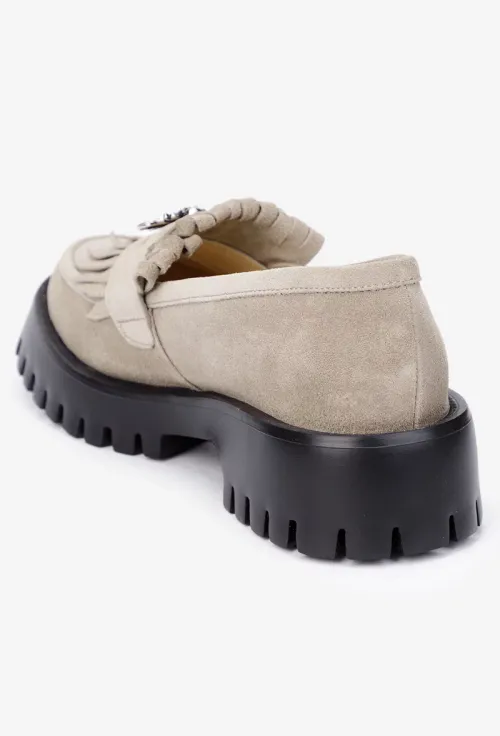 Mocasini dama taupe din piele intoarsa cu ornament picture - 5