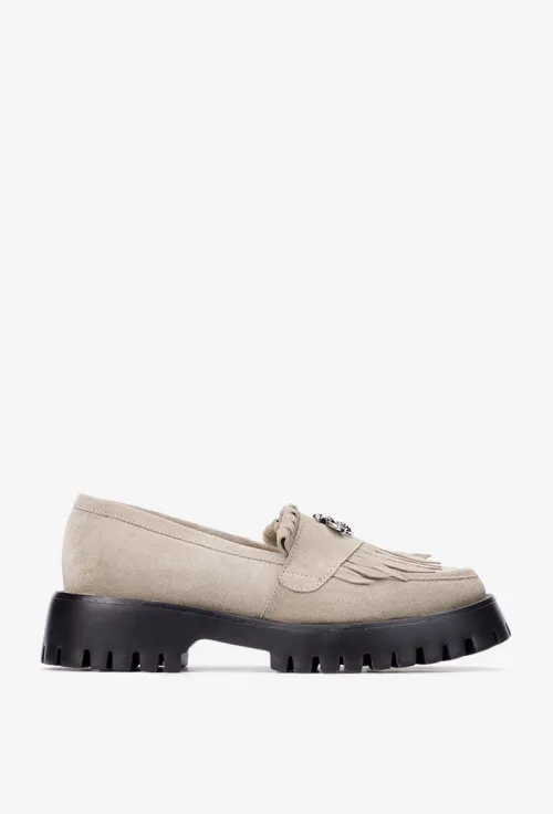 Mocasini dama taupe din piele intoarsa cu ornament picture - 4