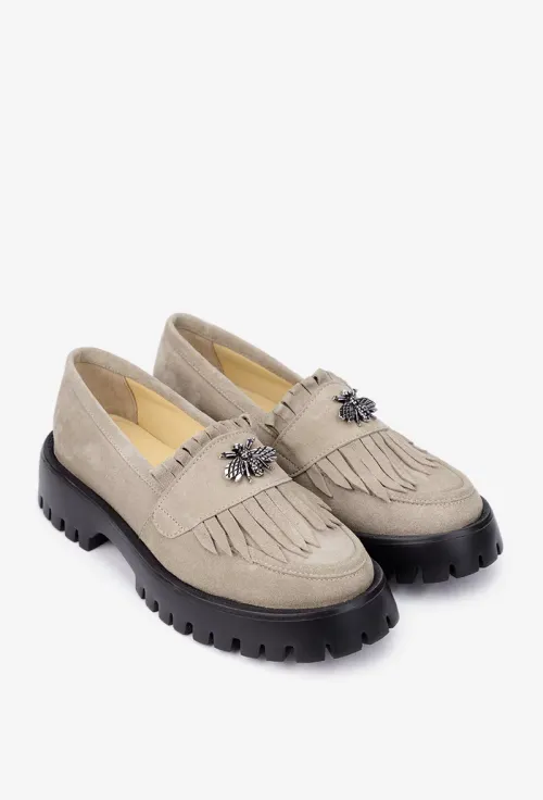 Mocasini dama taupe din piele intoarsa cu ornament picture - 2