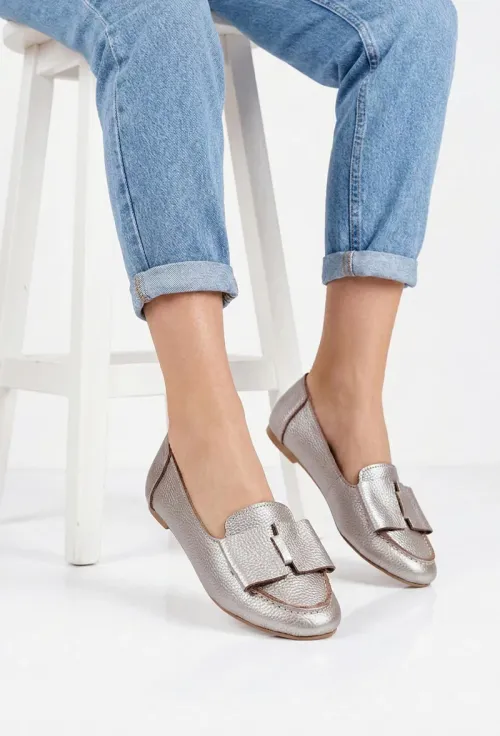 Mocasini dama taupe din piele naturala cu funda picture - 2