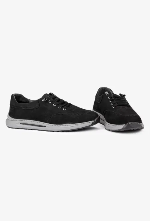 Pantofi barbati din piele nabuc cu siret elastic, Negru picture - 5