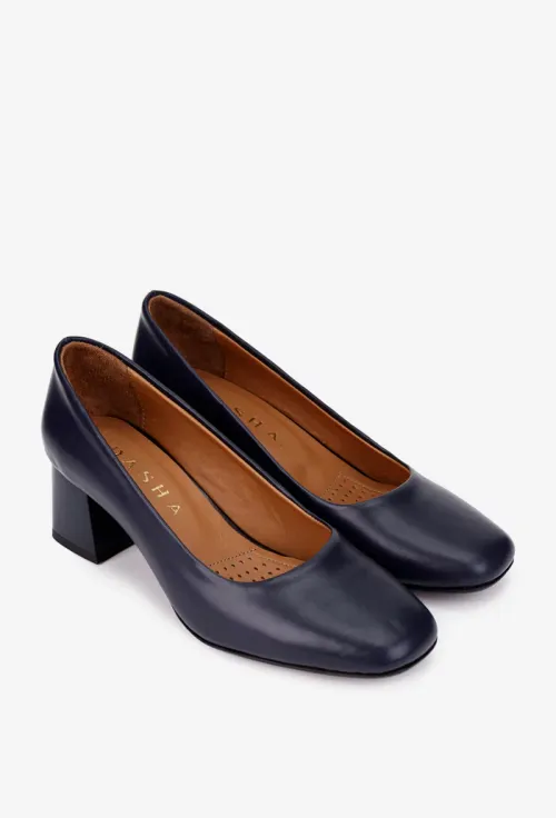Pantofi dama bleumarin din piele naturala cu toc picture - 2
