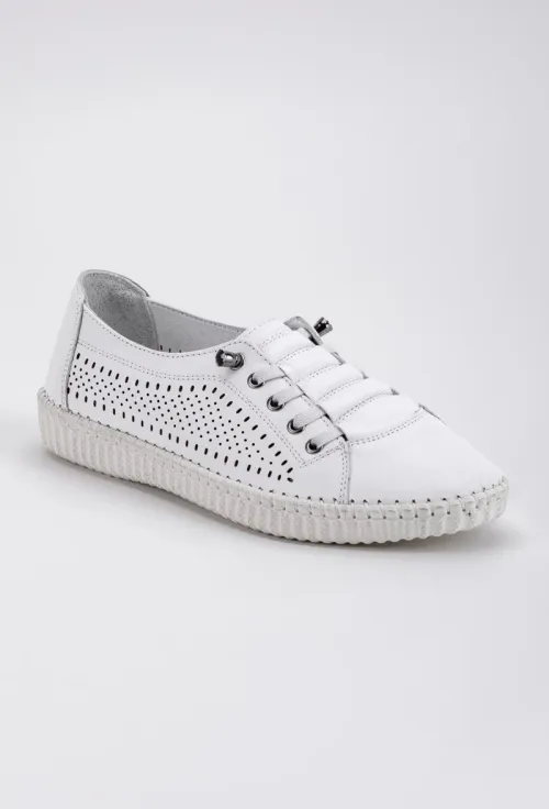 Pantofi dama casual albi din piele perforata pe laterale picture - 2