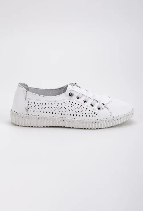 Pantofi dama casual albi din piele perforata pe laterale picture - 3