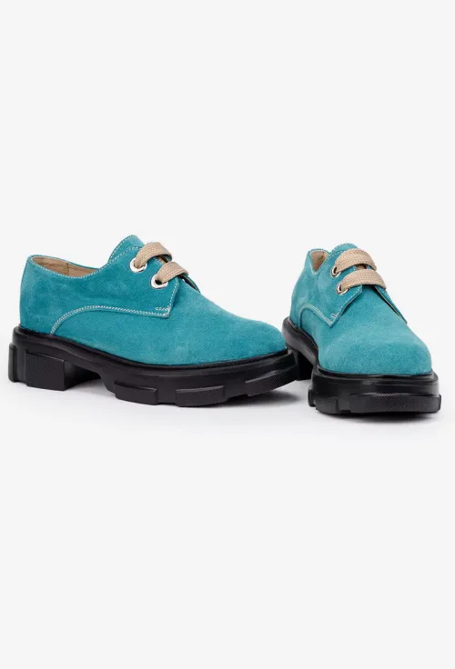 Pantofi dama din piele intoarsa bleu cu siret picture - 6
