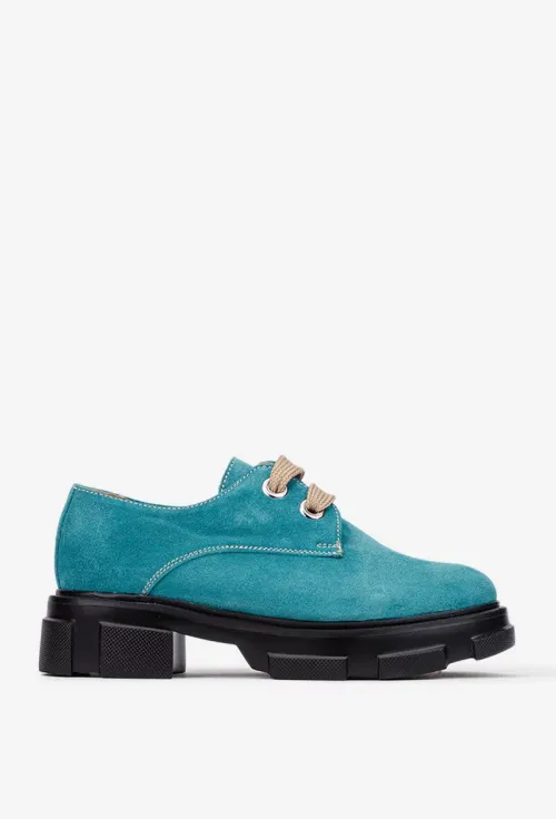 Pantofi dama din piele intoarsa bleu cu siret picture - 2