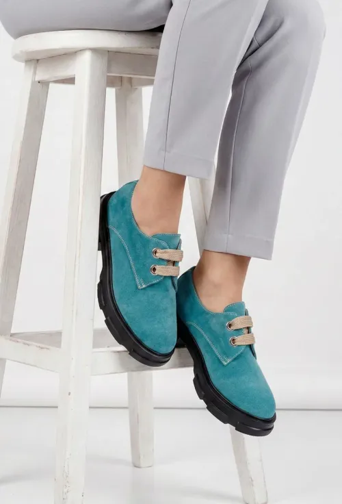 Pantofi dama din piele intoarsa bleu cu siret picture - 3