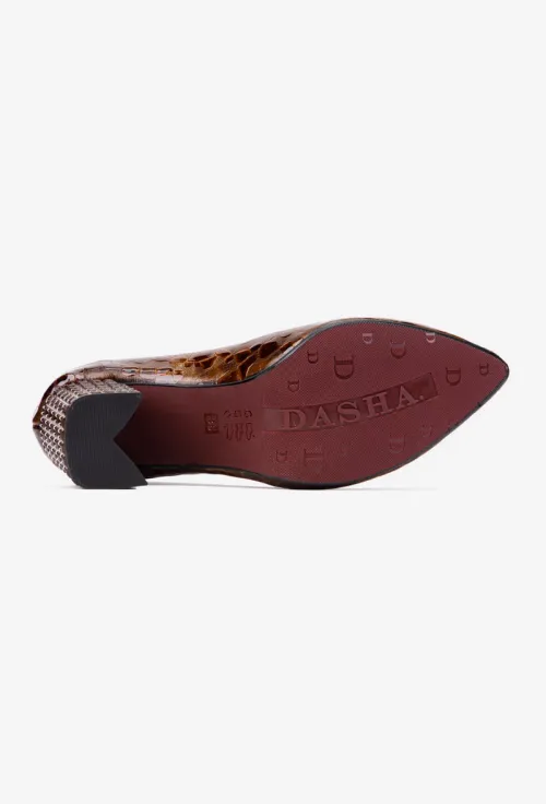 Pantofi dama din piele maro cu model si toc deosebit picture - 4