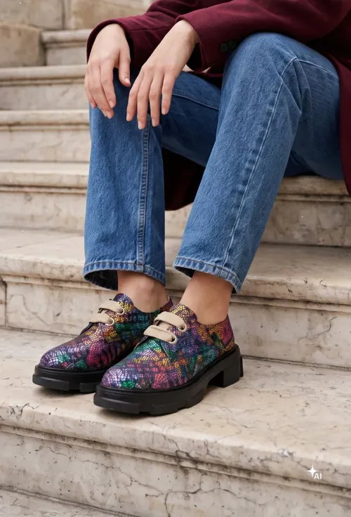 Pantofi dama multicolori din piele naturala cu siret picture - 2