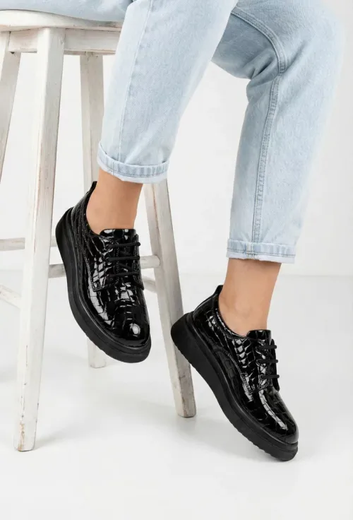 Pantofi dama negri din piele lacuita croco picture - 3