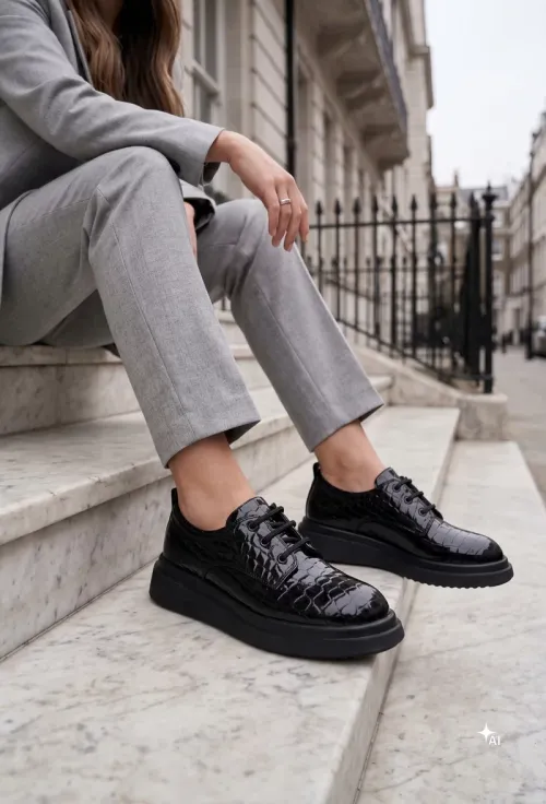 Pantofi dama negri din piele lacuita croco picture - 2