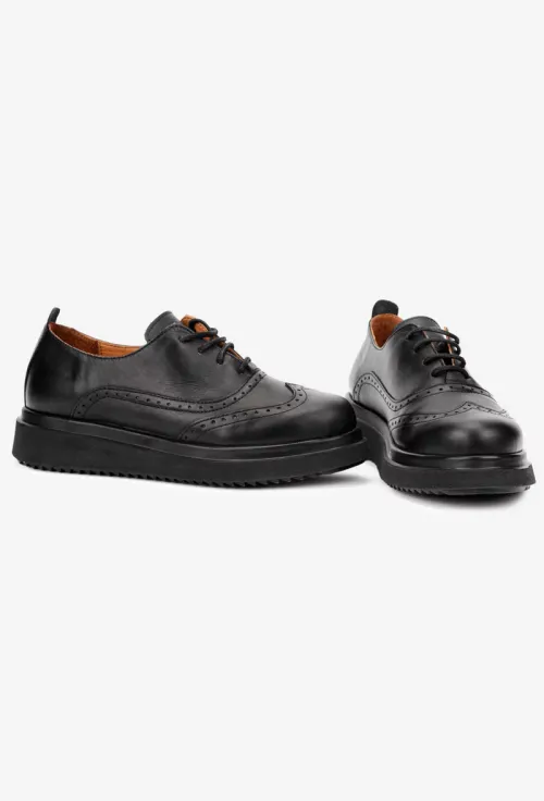 Pantofi dama negri din piele naturala cu aspect perforat picture - 6