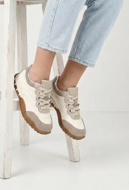 Pantofi dama NUR albi cu bej din piele intoarsa si material textil picture - 3