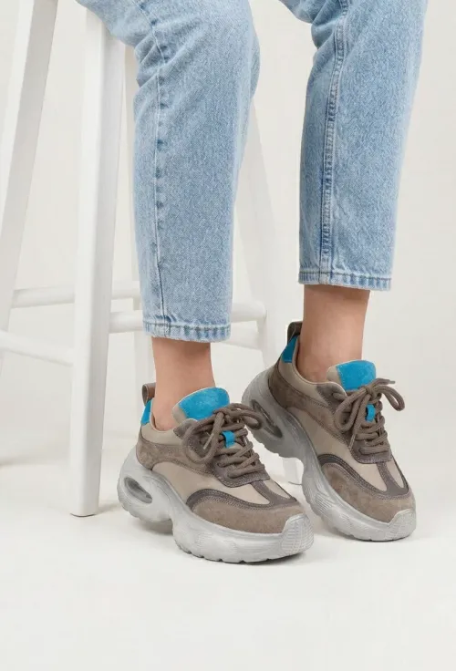 Pantofi dama NUR bej cu detalii multicolore din piele intoarsa picture - 3