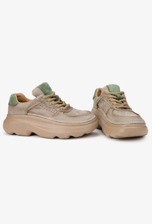 Pantofi dama NUR bej cu verde din piele nabuc picture - 8