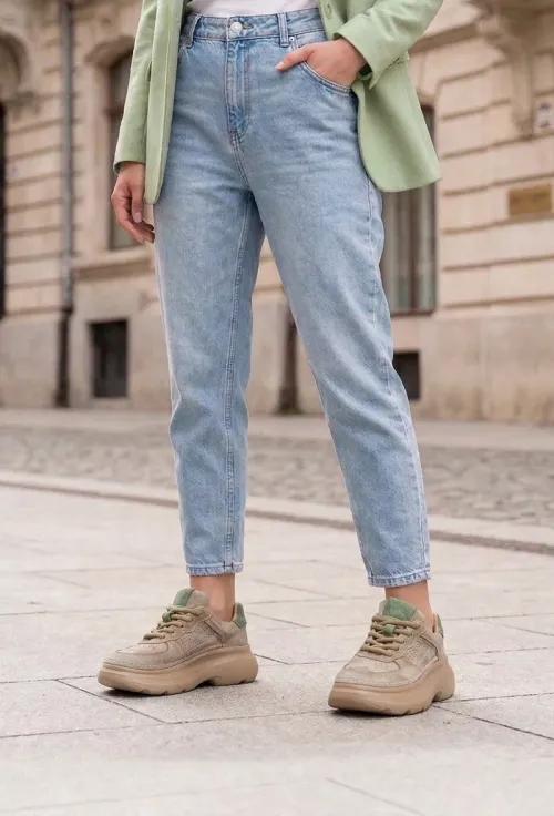 Pantofi dama NUR bej cu verde din piele nabuc picture - 5