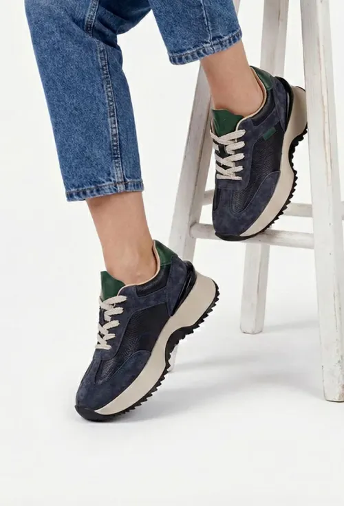 Pantofi dama NUR bleumarin cu verde din piele picture - 3