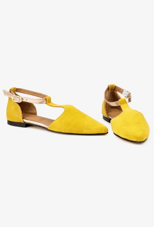 Pantofi dama NUR din piele intoarsa galbena cu decupaje picture - 6