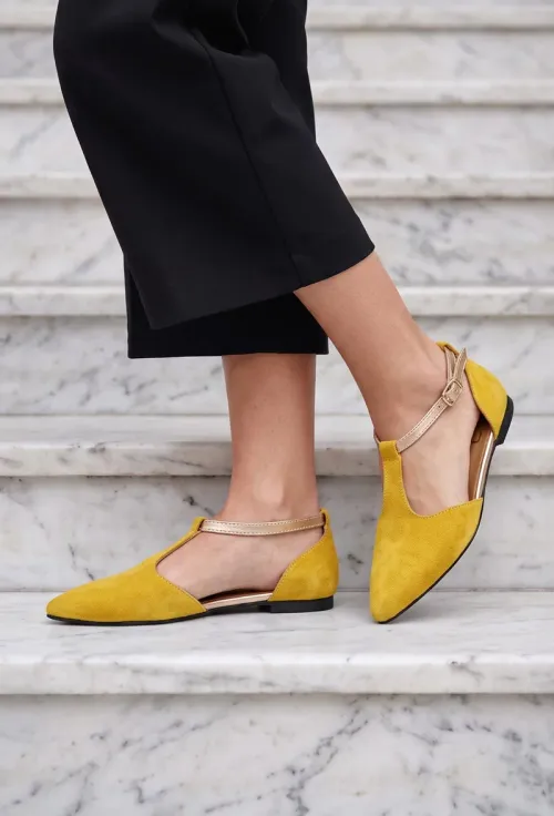 Pantofi dama NUR din piele intoarsa galbena cu decupaje picture - 2