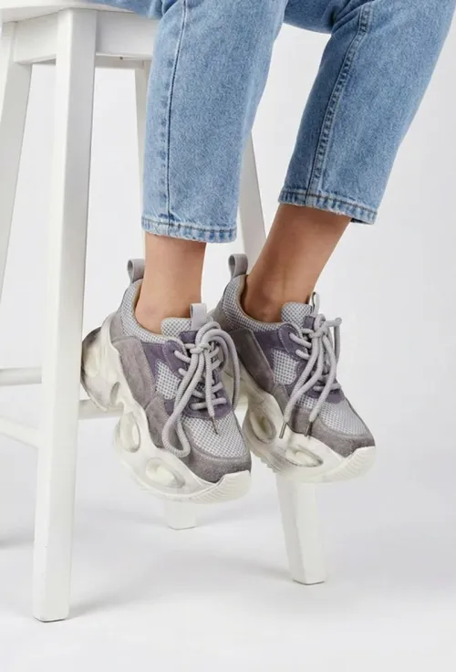 Pantofi dama NUR gri cu mov din piele intoarsa si material textil picture - 3