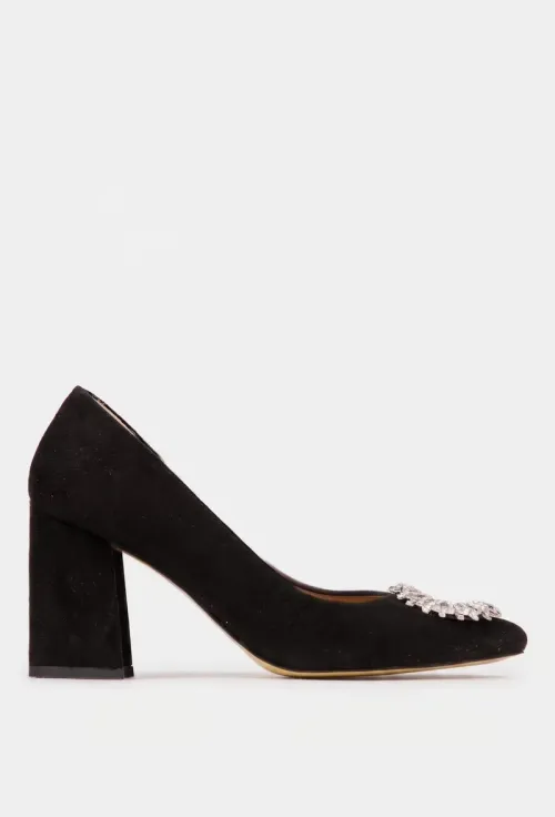 Pantofi dama NUR negri din piele intoarsa cu ornament picture - 3