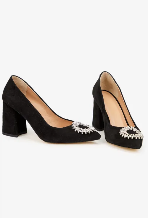 Pantofi dama NUR negri din piele intoarsa cu ornament picture - 7