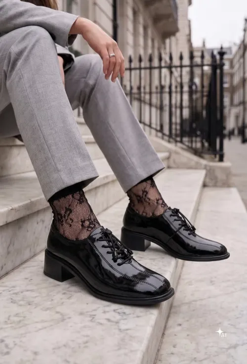 Pantofi dama NUR negri din piele lacuita cu siret elastic picture - 3