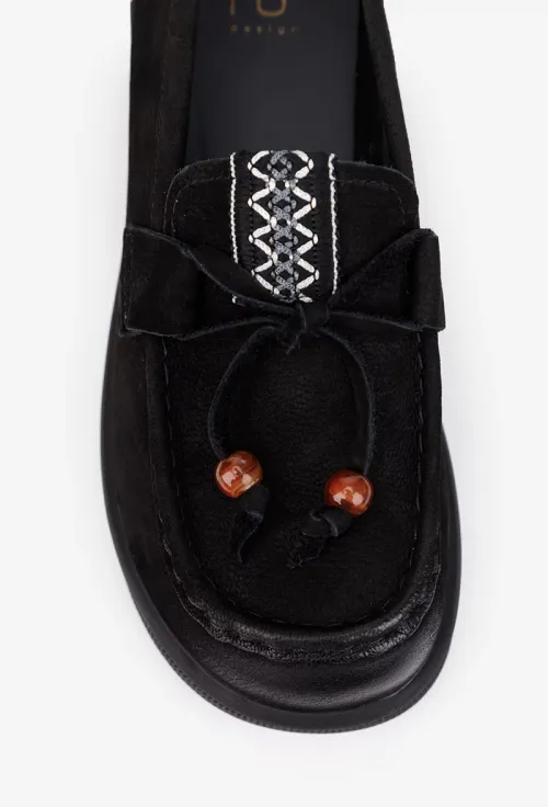 Pantofi dama NUR negri din piele nabuc cu ornament picture - 7