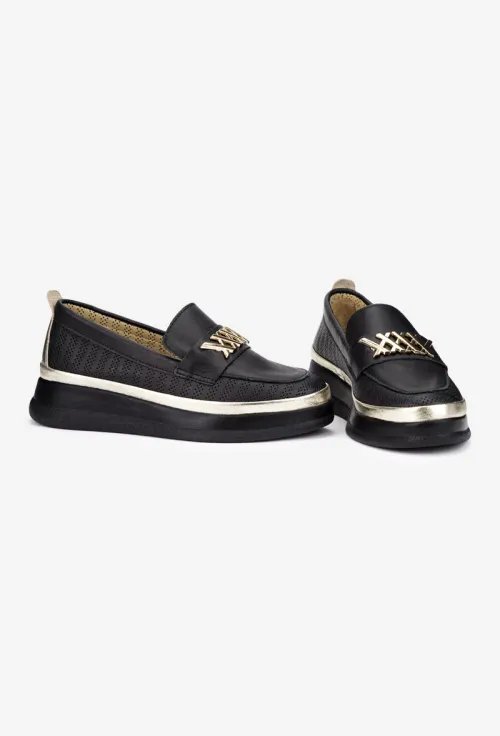 Pantofi dama NUR negri din piele perforata cu ornament picture - 5
