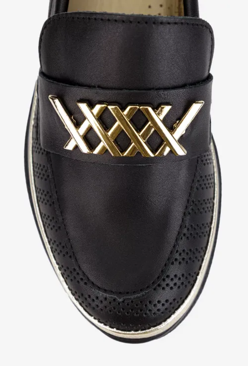 Pantofi dama NUR negri din piele perforata cu ornament picture - 6