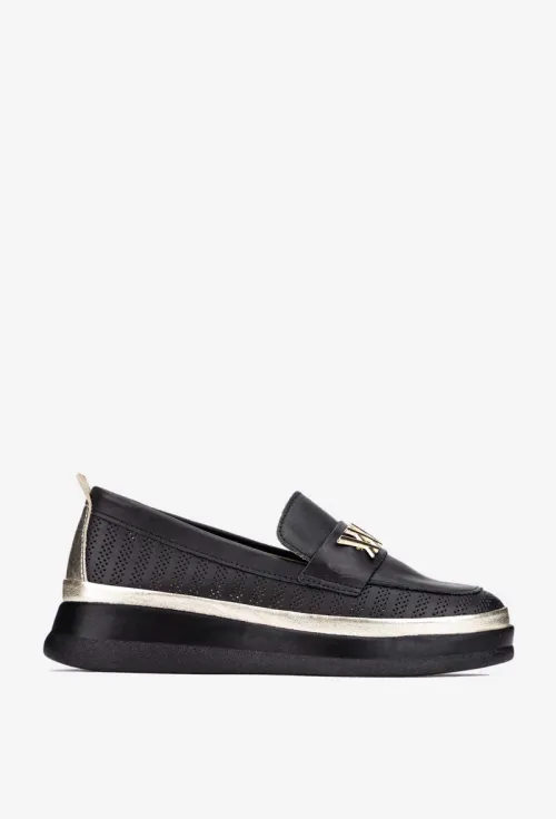 Pantofi dama NUR negri din piele perforata cu ornament picture - 2