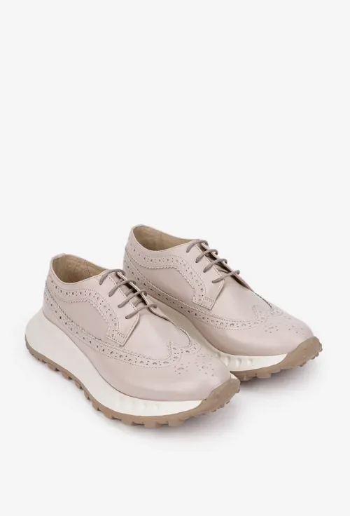 Pantofi dama roz pudra din piele naturala cu aspect perforat picture - 2