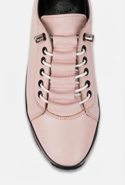 Pantofi dama roz pudra din piele naturala cu siret elastic picture - 7